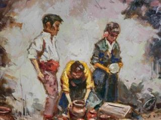 ARNAU CUADRO OLEO CAMPESINOS CON CANTAROS