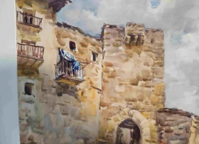 B.V.T. DAVIES (TARRAGONA) ACUARELA PUEBLO RURAL