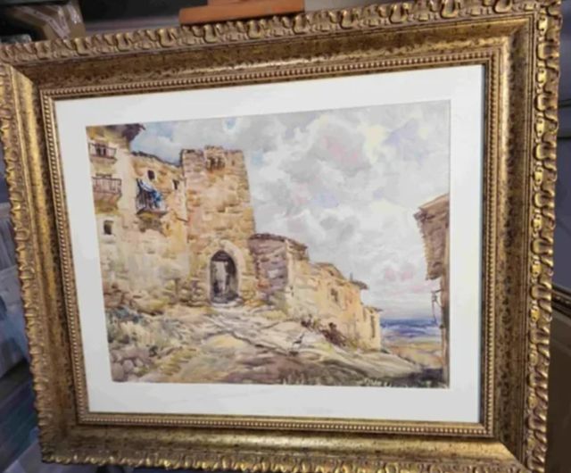 B.V.T. DAVIES (TARRAGONA) ACUARELA PUEBLO RURAL