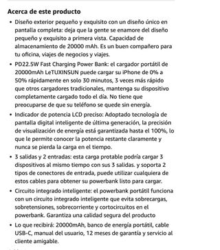 Batería externa 20000 mAh 22,5 W Power Bank Baterí