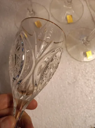 12 Copas de Cristal Talladas con Borde Dorado
