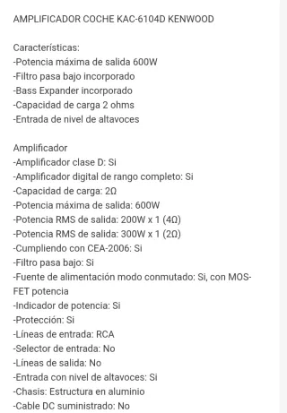 Amplificador Kenwood KAC-6104D Coche