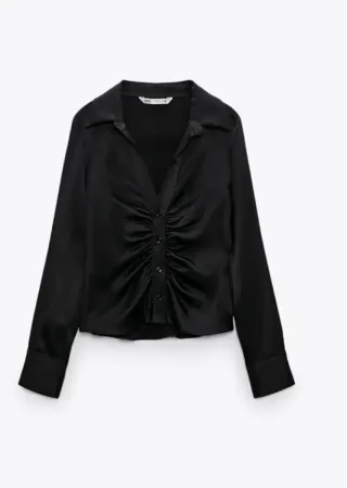 ZARA - Camisa negra satinada fruncida
