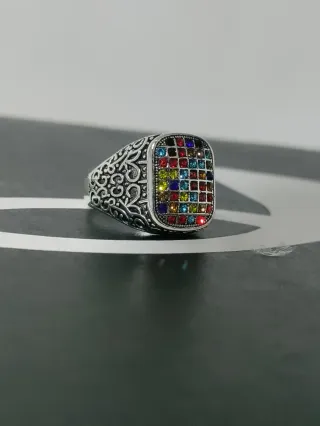 Anello Uomo Rettangolare Multicolore Pietre