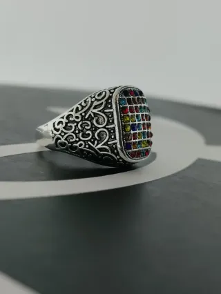 Anello Uomo Rettangolare Multicolore Pietre