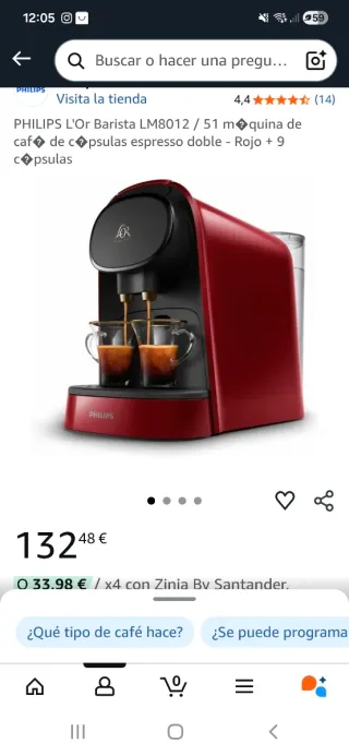 Cafetera Philips L'Or Barista Roja