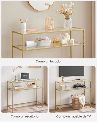 Mueble entrada 2 baldas cristal dorado
