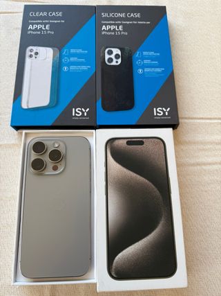 iPhone 15 Pro Gris/Plateado + 2 Fundas ISY