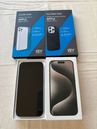 iPhone 15 Pro Gris/Plateado + 2 Fundas ISY