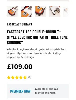 Guitarra Eastcoast T62 (telecaster) Sunburst