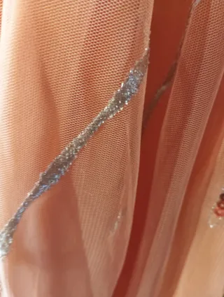 Vestido de fiesta coral y plateado