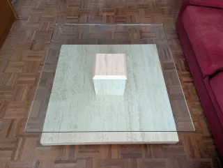 Mesa centro cristal y mármol travertino beige