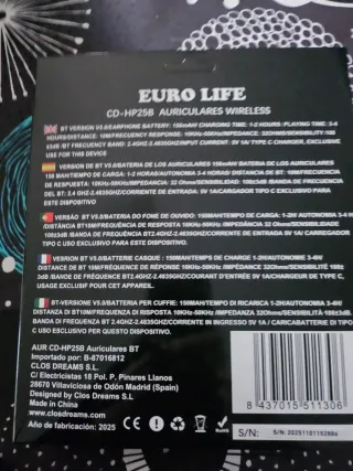 Auriculares Bluetooth 5.0 Euro Life Negros