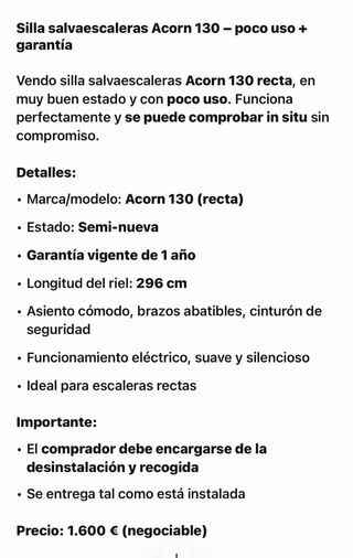 Silla Salvaescaleras Acorn 130 - Negociable