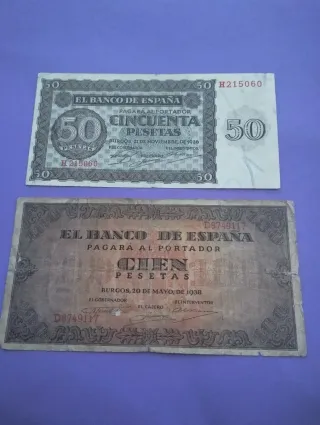 Billetes antiguos españoles 50 y 100 Pesetas