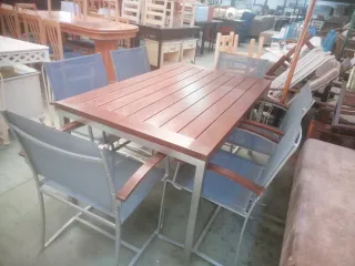 Mesa Terraza + 6 Sillas Madera y Metal