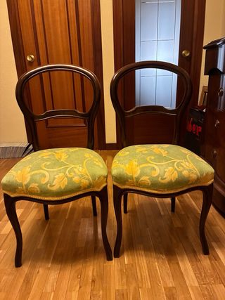 Pareja Sillas Isabelinas Madera Tapiz Verde