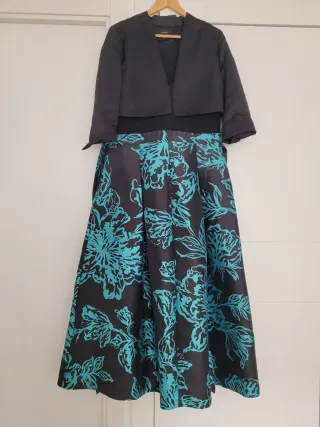 Vestido fiesta negro y turquesa floral