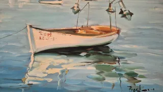 Cuadro de puerto con castillo y barcos