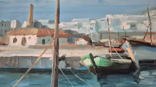 Cuadro de puerto con castillo y barcos