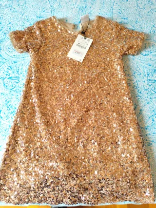 Vestido niña  lentejuelas dorado; TALLA 7 AÑOS