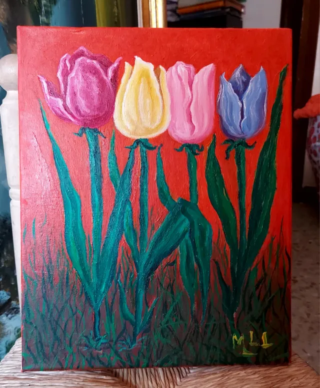 Cuadro óleo tulipanes.