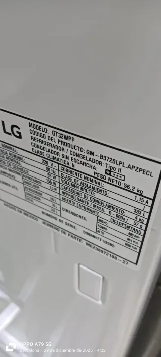 Nevera LG No Frost A+ 170cx 60 x 67 cm