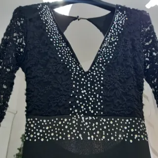 Maxi Abito Nero Pizzo/Strass Maniche Lunghe