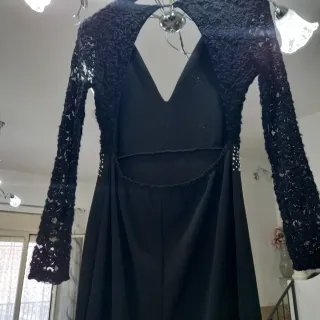 Maxi Abito Nero Pizzo/Strass Maniche Lunghe