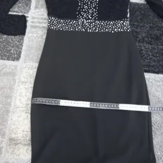 Maxi Abito Nero Pizzo/Strass Maniche Lunghe