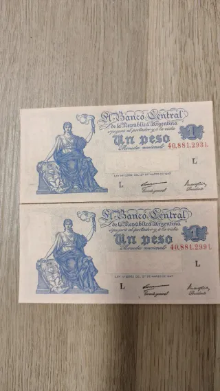 2 Banconote da 1 Peso Argentino 1947