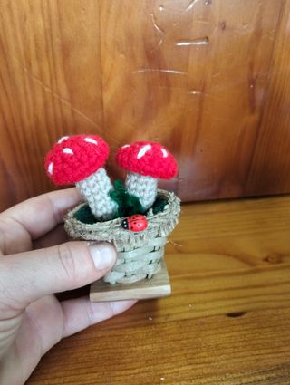 Cogumelos crochet em cesto com joaninha