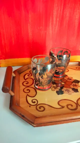 Vassoio in legno Intarsio vintage