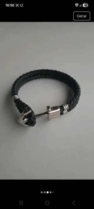 Pulsera cuero trenzado ancla plata