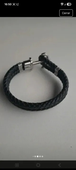 Pulsera cuero trenzado ancla plata