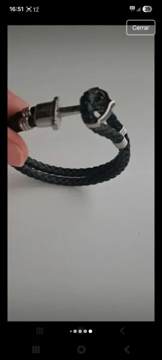 Pulsera cuero trenzado ancla plata