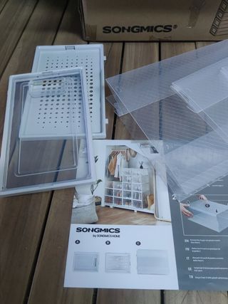 SONGMICS Cajas de Zapatos Plástico, Juego de 8 Organizadores de Almacenamiento, Caja Zapatero Plástico Plegable y Apilable para Zapatillas hasta Talla 44, Transparente y Blanco LSP08SWT