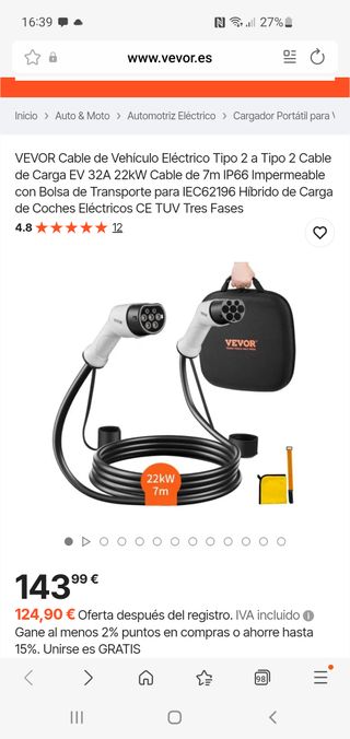 Cable Carga Tipo 2 EV VEVOR