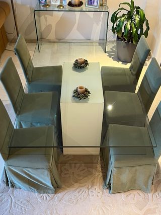 Mesa Comedor Cristal y Madera lacada blanco roto