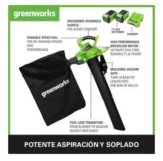Soplador Aspirador Hojas Greenworks sin cable