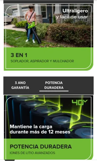 Soplador Aspirador Hojas Greenworks sin cable