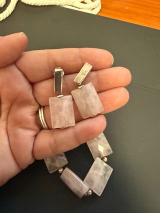 Conjunto Plata y Cuarzo Rosa Pendientes y Pulsera