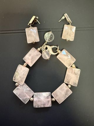 Conjunto Plata y Cuarzo Rosa Pendientes y Pulsera