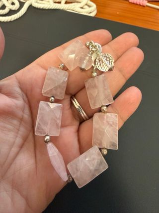 Conjunto Plata y Cuarzo Rosa Pendientes y Pulsera