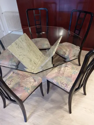 MESA SALON CRISTAL+MÁRMOL TRAVERTINO+REGALO MANTEL