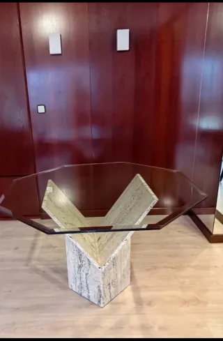 MESA SALON CRISTAL+MÁRMOL TRAVERTINO+REGALO MANTEL