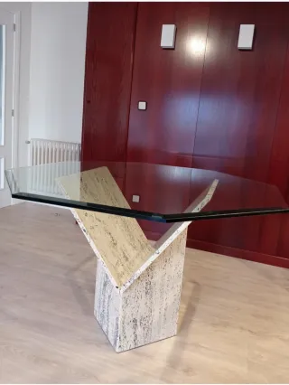 MESA SALON CRISTAL+MÁRMOL TRAVERTINO+REGALO MANTEL