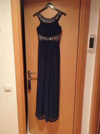 Vestido fiesta pedrería azul y dorado