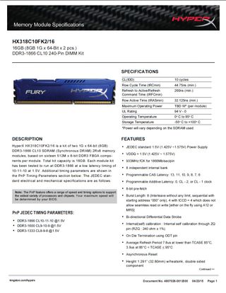 4x8GB = 32 GB DDR3 1.866 MHz HyperX Fury