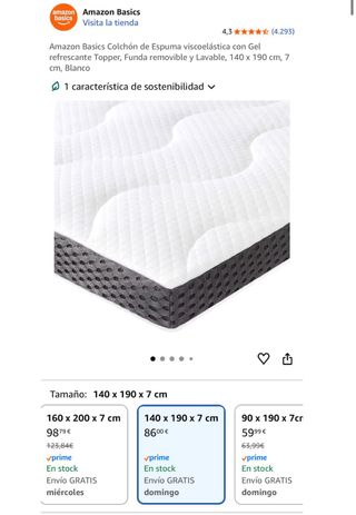 Topper Viscoelástico 140x190x7cm Amazon Basics